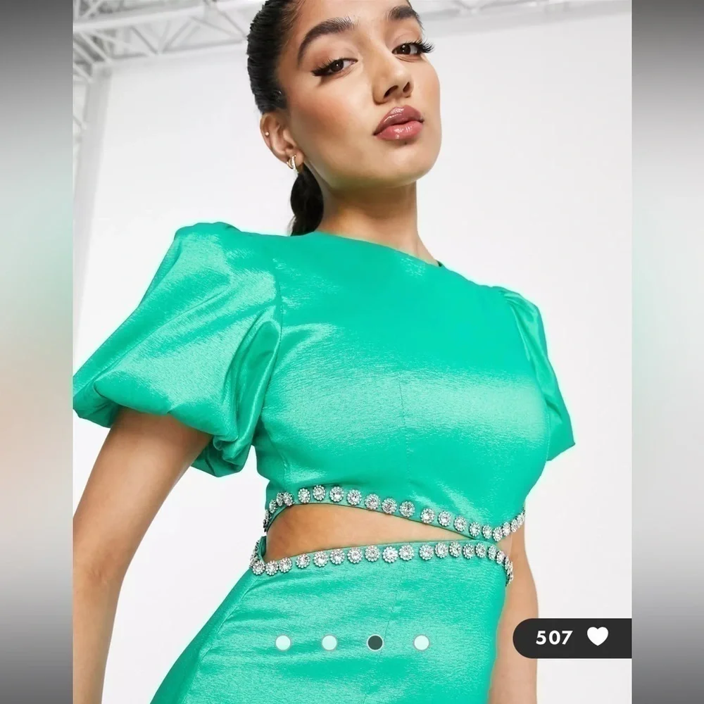 Band of Stars Green Puff Sleeve Rhinestone Cutout Dress Size 8 - Picture 4 of 13
